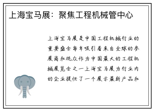 上海宝马展：聚焦工程机械管中心