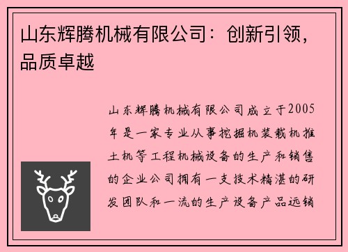 山东辉腾机械有限公司：创新引领，品质卓越